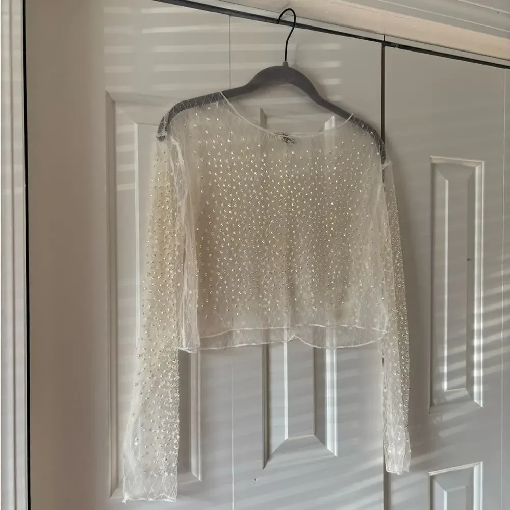 Bear Dance Ivory Sheer Pearl-Embellished Long Sleeve Top - Picture 2 of 6